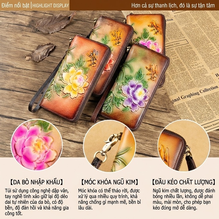 Ví Cầm Tay Nữ Da Bò Khóa Kéo Dáng Dài In Hoa Văn Phong Cách Âu Mỹ Màu Nâu, Hồng, Vàng, Tím... chi tiết 14