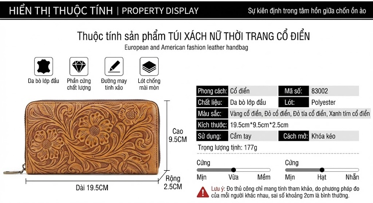 Ví Cầm Tay Nữ Da Bò Khóa Kéo Dáng Dài In Hoa Văn Phong Cách Âu Mỹ Màu Nâu, Hồng, Vàng, Tím... chi tiết 17
