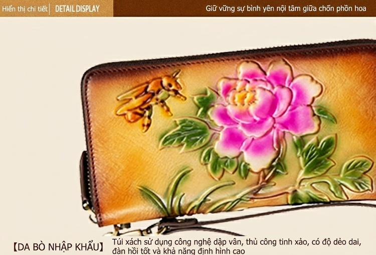 Ví Cầm Tay Nữ Da Bò Khóa Kéo Dáng Dài In Hoa Văn Phong Cách Âu Mỹ Màu Nâu, Hồng, Vàng, Tím... chi tiết 18