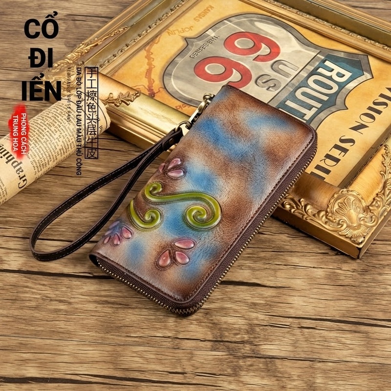 Ví Cầm Tay Nữ Da Bò Nguyên Tấm Dáng Dài Khóa Kéo Phong Cách Retro Màu Nâu, Xanh Dương, Xám...