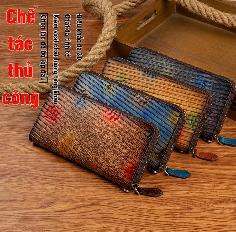 Ví Cầm Tay Nữ Da Bò Nguyên Tấm Dáng Dài Khóa Kéo Phong Cách Retro Màu Nâu, Xanh Dương, Xám... chi tiết 2