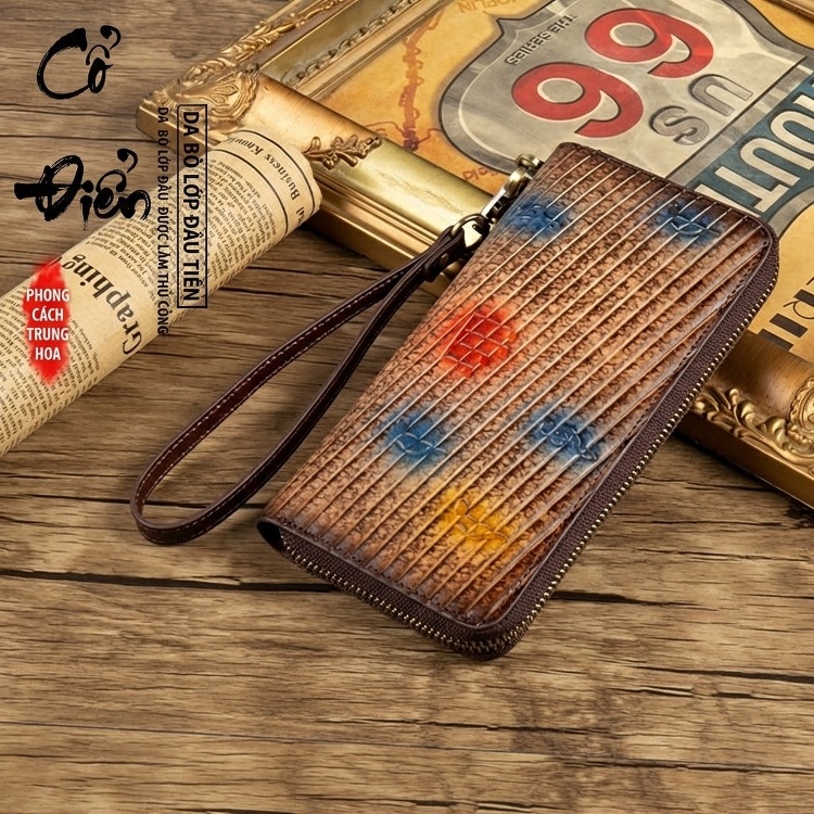 Ví Cầm Tay Nữ Da Bò Nguyên Tấm Dáng Dài Khóa Kéo Phong Cách Retro Màu Nâu, Xanh Dương, Xám... chi tiết 5