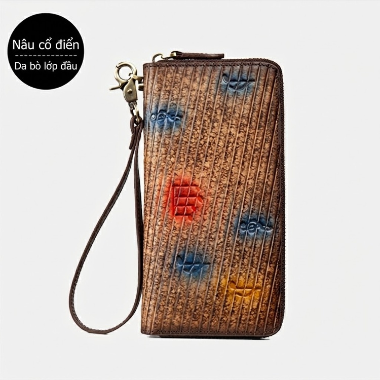 Ví Cầm Tay Nữ Da Bò Nguyên Tấm Dáng Dài Khóa Kéo Phong Cách Retro Màu Nâu, Xanh Dương, Xám... chi tiết 9