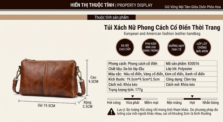 Ví Cầm Tay Nữ Da Bò Nguyên Tấm Dáng Dài Khóa Kéo Phong Cách Retro Màu Nâu, Xanh Dương, Xám... chi tiết 17