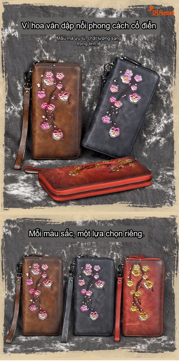 Ví Cầm Tay Nữ Da Thật Khắc Hoa Văn Hoa Mai Dáng Dài Phong Cách Vintage Màu Nâu, Đen, Đỏ chi tiết 1