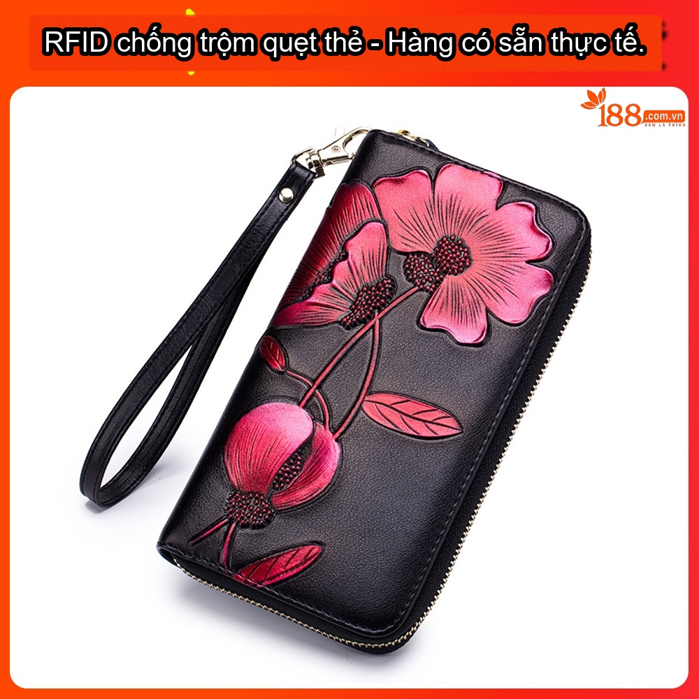 Ví Cầm Tay Nữ Da Thật Khắc Hoa Văn Hoa Mai Dáng Dài Phong Cách Vintage Màu Nâu, Đen, Đỏ chi tiết 6