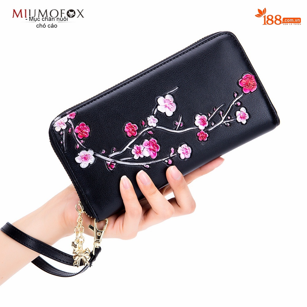 Ví Cầm Tay Nữ Da Thật Khắc Hoa Văn Hoa Mai Dáng Dài Phong Cách Vintage Màu Nâu, Đen, Đỏ chi tiết 12