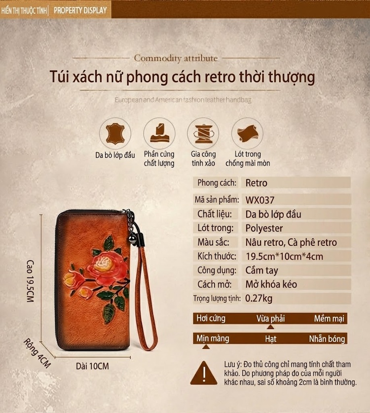 Ví Cầm Tay Nữ Da Thật Khóa Kéo Họa Tiết Hoa Hồng Cổ Điển Màu Nâu chi tiết 1