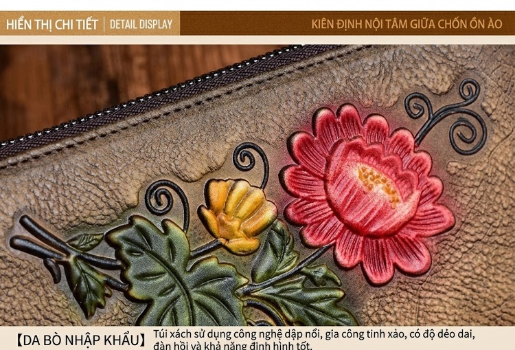 Ví Cầm Tay Nữ Da Thật Khóa Kéo Trang Trí Hoa Văn Màu Nâu Đỏ, Xanh Dương chi tiết 9