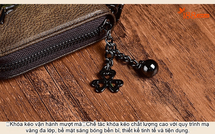 Ví Cầm Tay Nữ Da Thật Khóa Kéo Trang Trí Hoa Văn Màu Nâu Đỏ, Xanh Dương chi tiết 10