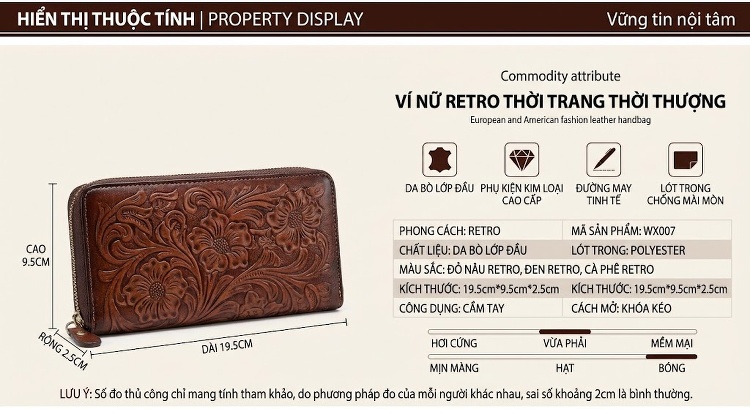 Ví Cầm Tay Nữ Da Thật Khóa Kéo Trang Trí Hoa Văn Màu Nâu Đỏ, Xanh Dương chi tiết 16