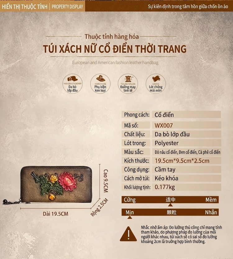 Ví Cầm Tay Nữ Da Thật Khóa Kéo Trang Trí Hoa Văn Màu Nâu Đỏ, Xanh Dương chi tiết 2