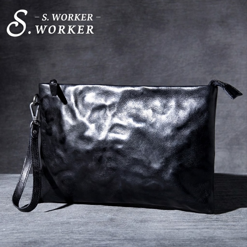 Ví Cầm Tay/Túi Clutch Da Bò Lớn Phong Cách Retro Đựng Tiền Điện Thoại Unisex Màu Đen, Nâu