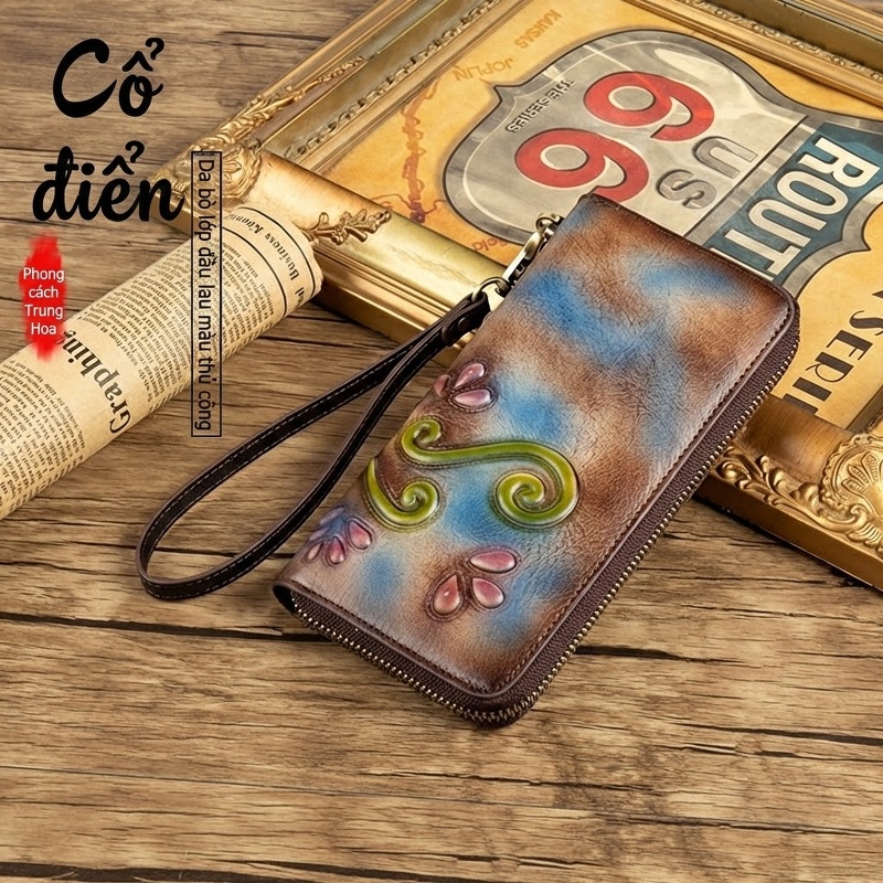 Ví Da Bò Cầm Tay Khóa Kéo Nhiều Ngăn Phong Cách Retro Màu Nâu, Xanh