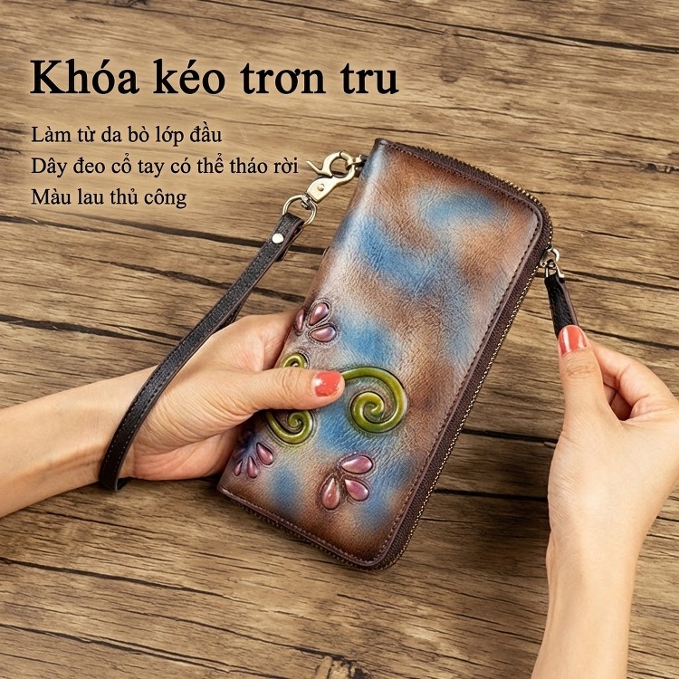 Ví Da Bò Cầm Tay Khóa Kéo Nhiều Ngăn Phong Cách Retro Màu Nâu, Xanh chi tiết 4