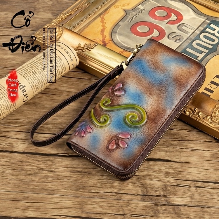 Ví Da Bò Cầm Tay Khóa Kéo Nhiều Ngăn Phong Cách Retro Màu Nâu, Xanh chi tiết 5