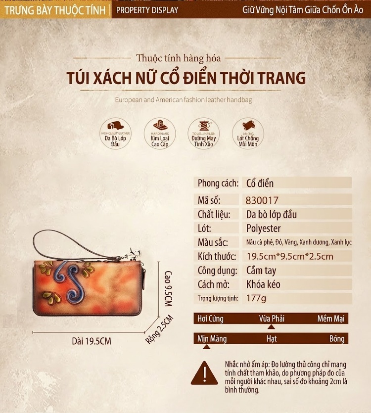 Ví Da Bò Cầm Tay Khóa Kéo Nhiều Ngăn Phong Cách Retro Màu Nâu, Xanh chi tiết 17