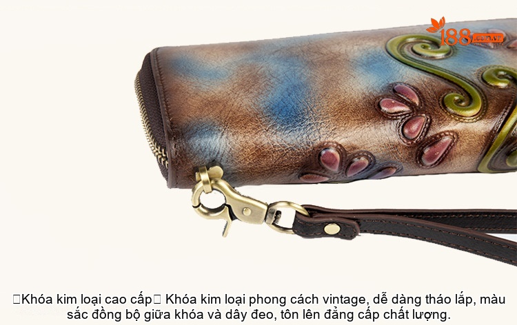 Ví Da Bò Cầm Tay Khóa Kéo Nhiều Ngăn Phong Cách Retro Màu Nâu, Xanh chi tiết 18