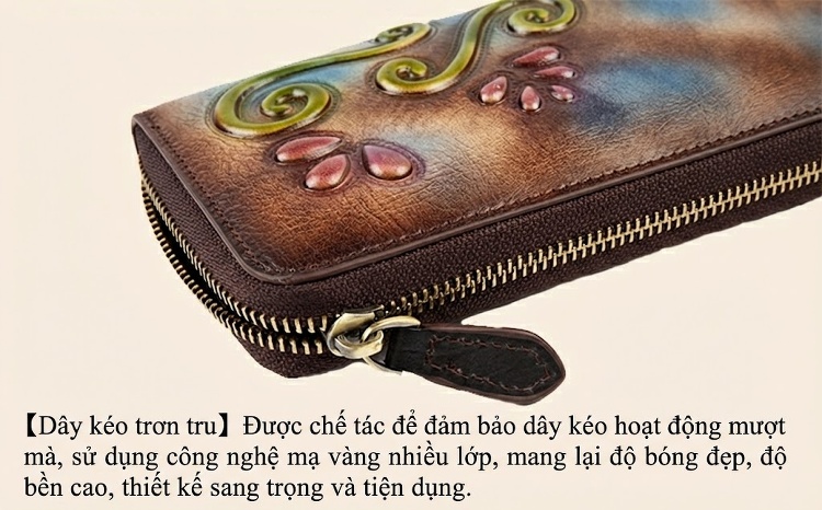 Ví Da Bò Cầm Tay Khóa Kéo Nhiều Ngăn Phong Cách Retro Màu Nâu, Xanh chi tiết 19
