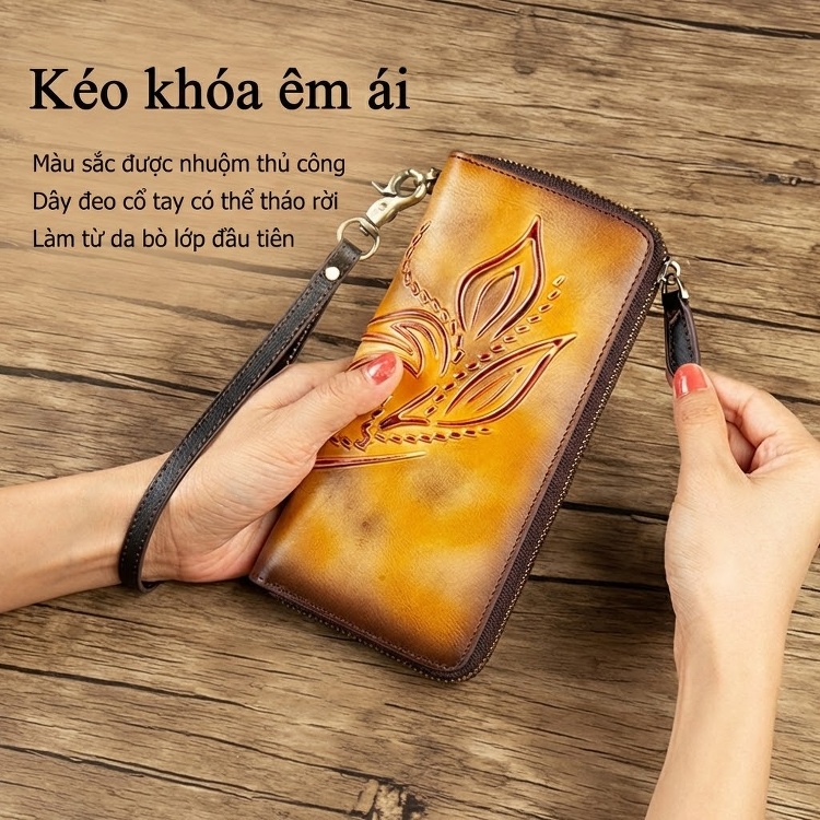 Ví Da Bò Dài Cầm Tay Khóa Kéo Thủ Công Vintage Màu Nâu Vàng, Đỏ, Xanh Dương, Xanh Lá... chi tiết 4