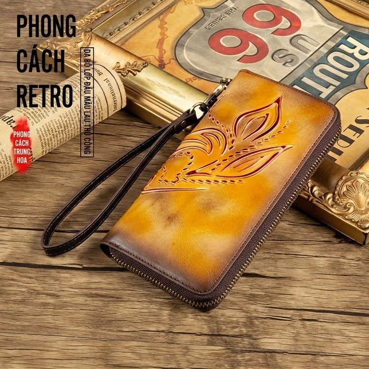 Ví Da Bò Dài Cầm Tay Khóa Kéo Thủ Công Vintage Màu Nâu Vàng, Đỏ, Xanh Dương, Xanh Lá... chi tiết 5