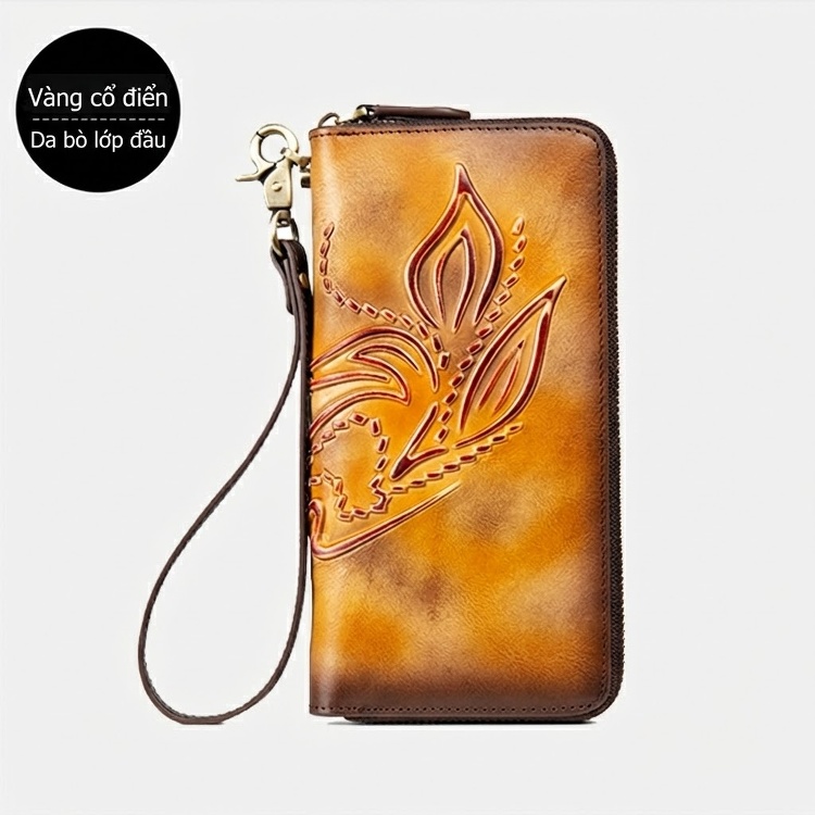 Ví Da Bò Dài Cầm Tay Khóa Kéo Thủ Công Vintage Màu Nâu Vàng, Đỏ, Xanh Dương, Xanh Lá... chi tiết 11