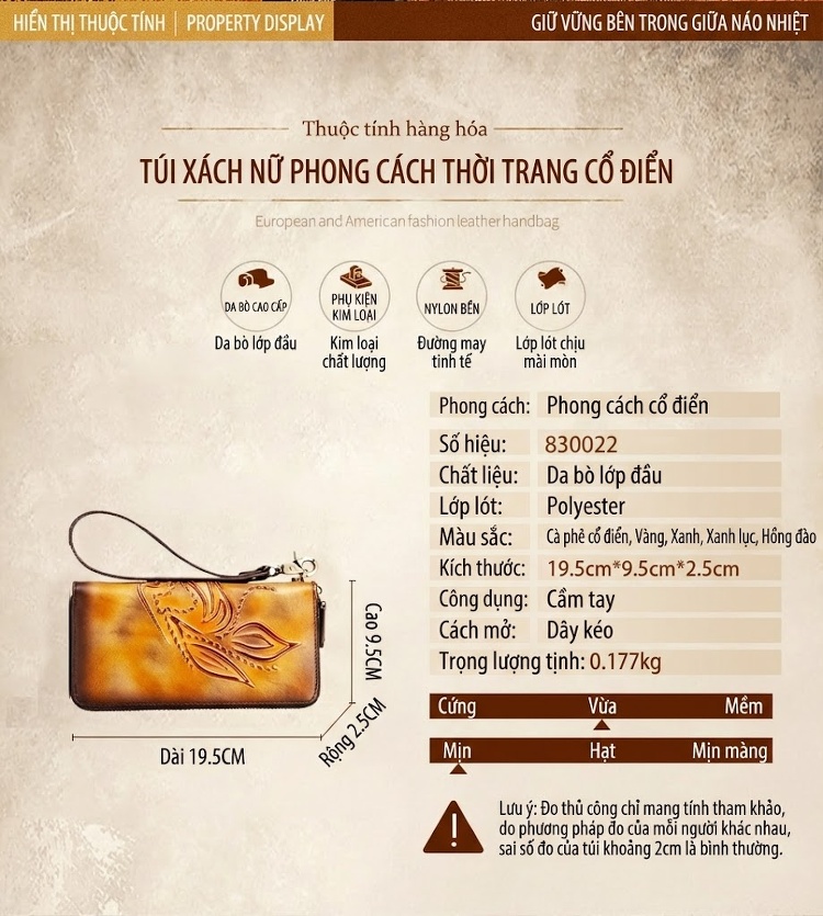 Ví Da Bò Dài Cầm Tay Khóa Kéo Thủ Công Vintage Màu Nâu Vàng, Đỏ, Xanh Dương, Xanh Lá... chi tiết 18