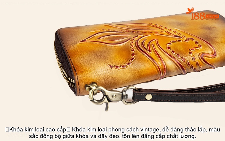 Ví Da Bò Dài Cầm Tay Khóa Kéo Thủ Công Vintage Màu Nâu Vàng, Đỏ, Xanh Dương, Xanh Lá... chi tiết 19
