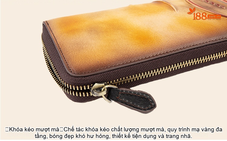 Ví Da Bò Dài Cầm Tay Khóa Kéo Thủ Công Vintage Màu Nâu Vàng, Đỏ, Xanh Dương, Xanh Lá... chi tiết 20