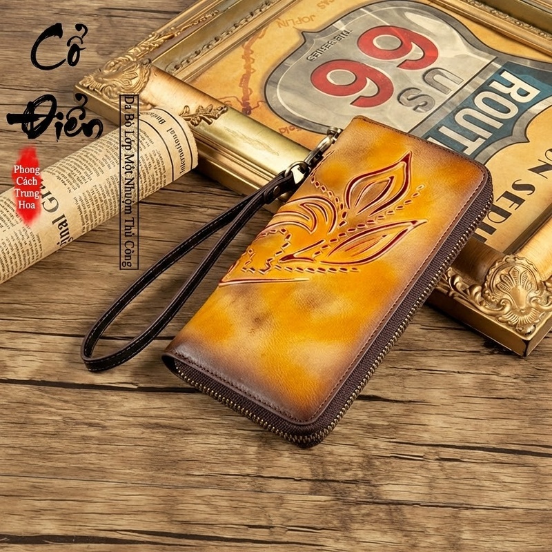Ví Da Bò Dài Cầm Tay Khóa Kéo Thủ Công Vintage Màu Nâu Vàng, Đỏ, Xanh Dương, Xanh Lá...