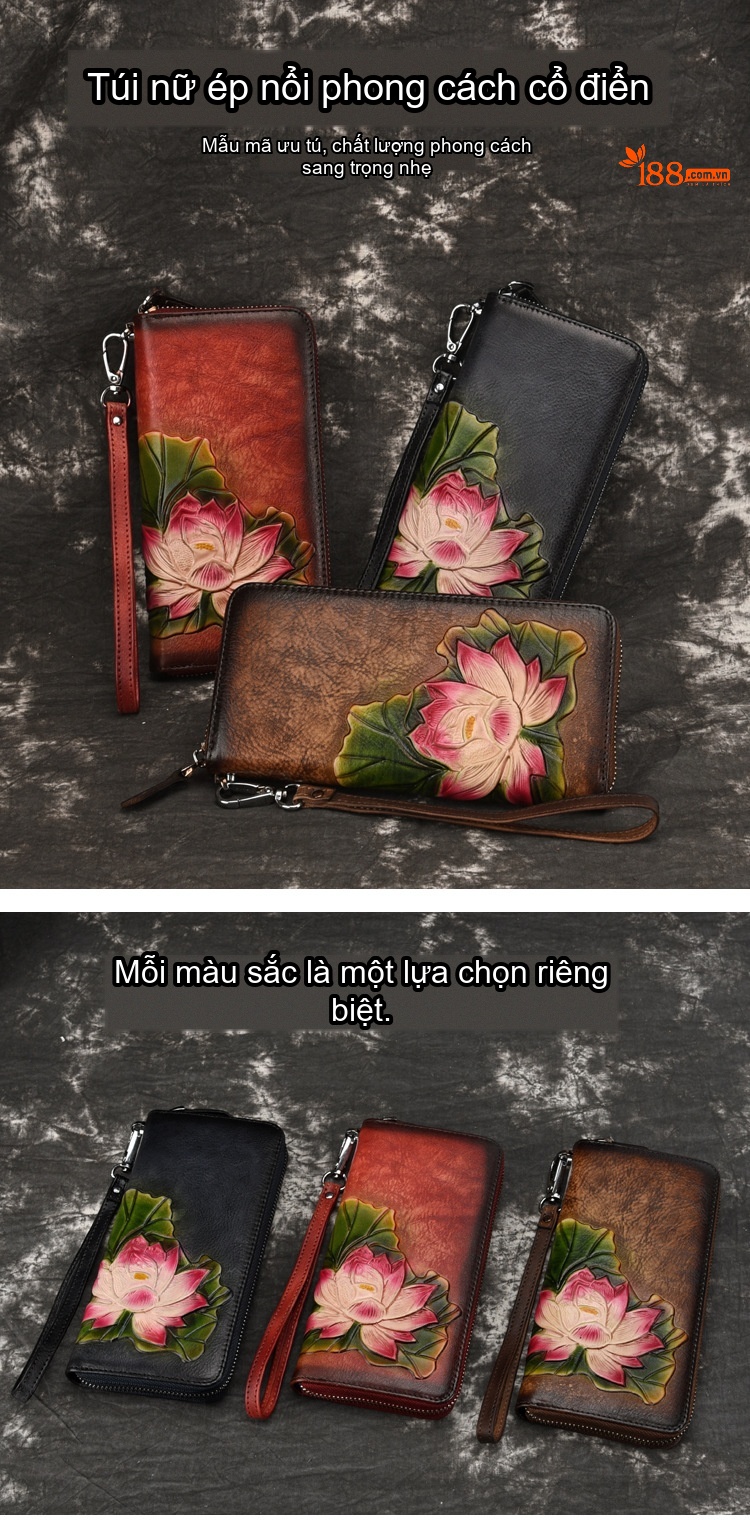 Ví Da Bò Dáng Dài Khóa Kéo Thủ Công Vẽ Hoa Sen Phong Cách Âu Mỹ Màu Đen, Nâu Đỏ chi tiết 1