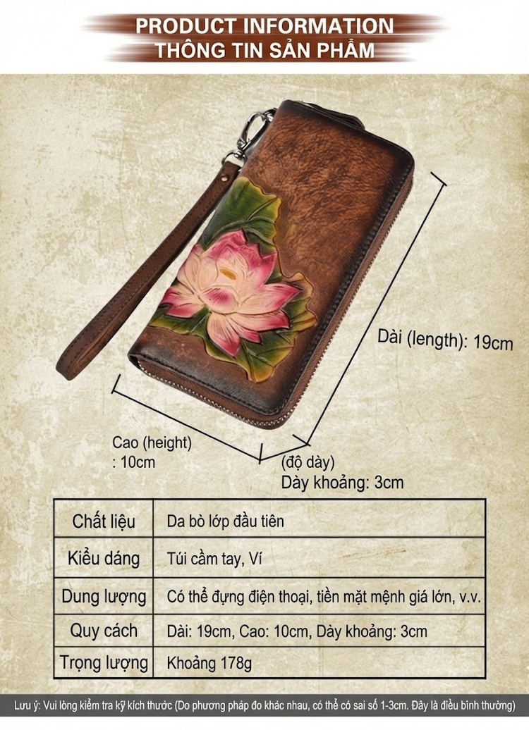 Ví Da Bò Dáng Dài Khóa Kéo Thủ Công Vẽ Hoa Sen Phong Cách Âu Mỹ Màu Đen, Nâu Đỏ chi tiết 2