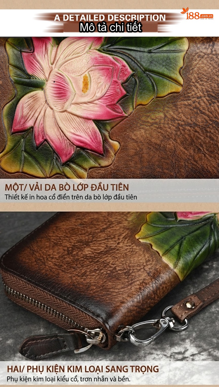 Ví Da Bò Dáng Dài Khóa Kéo Thủ Công Vẽ Hoa Sen Phong Cách Âu Mỹ Màu Đen, Nâu Đỏ chi tiết 12