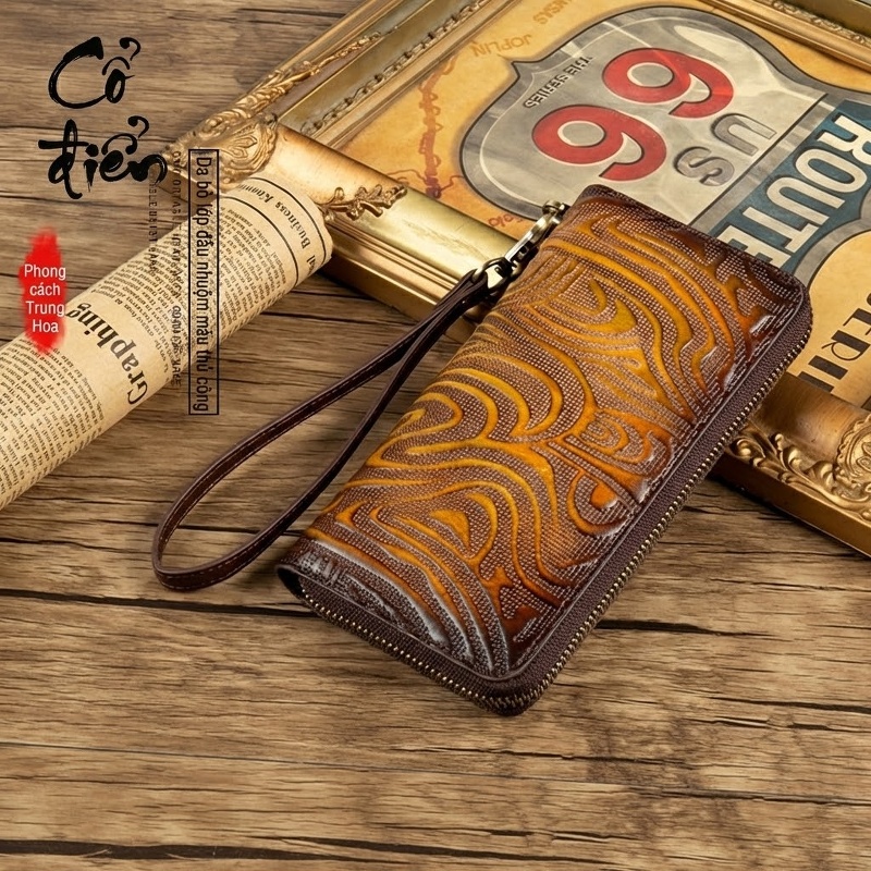 Ví Da Bò Dáng Dài Nữ Cầm Tay Khóa Kéo Phong Cách Cổ Điển Màu Nâu