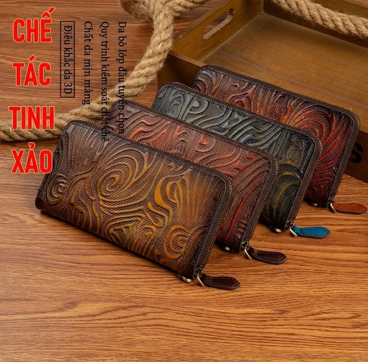 Ví Da Bò Dáng Dài Nữ Cầm Tay Khóa Kéo Phong Cách Cổ Điển Màu Nâu chi tiết 3
