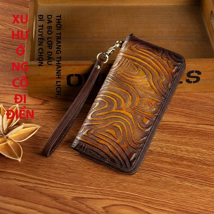 Ví Da Bò Dáng Dài Nữ Cầm Tay Khóa Kéo Phong Cách Cổ Điển Màu Nâu chi tiết 4