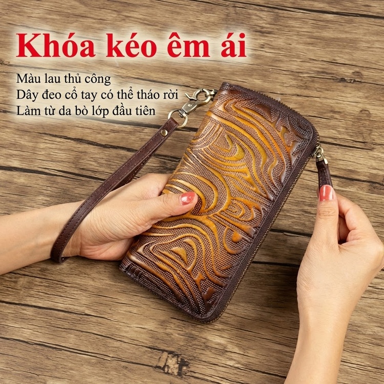 Ví Da Bò Dáng Dài Nữ Cầm Tay Khóa Kéo Phong Cách Cổ Điển Màu Nâu chi tiết 5