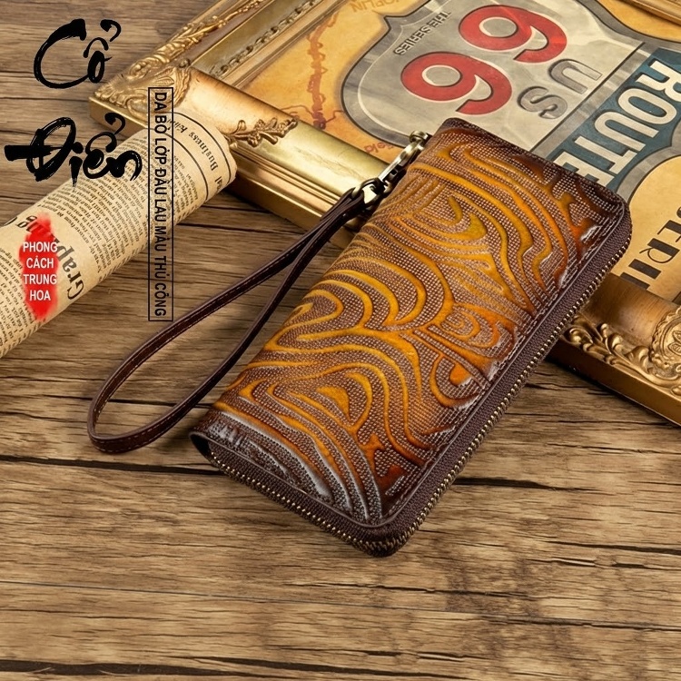 Ví Da Bò Dáng Dài Nữ Cầm Tay Khóa Kéo Phong Cách Cổ Điển Màu Nâu chi tiết 6