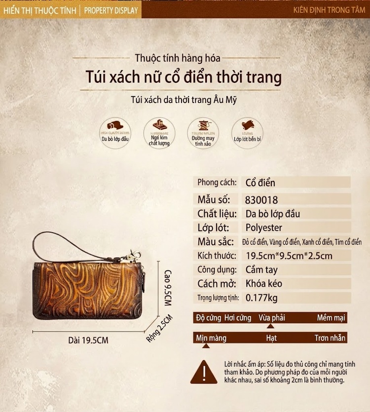 Ví Da Bò Dáng Dài Nữ Cầm Tay Khóa Kéo Phong Cách Cổ Điển Màu Nâu chi tiết 17