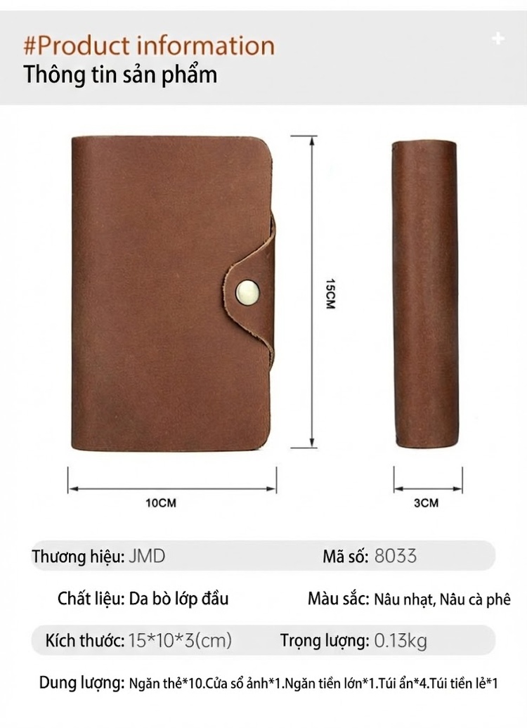 Ví Da Bò Nam Dáng Ngắn Gập Đôi Phong Cách Retro Màu Nâu chi tiết 1