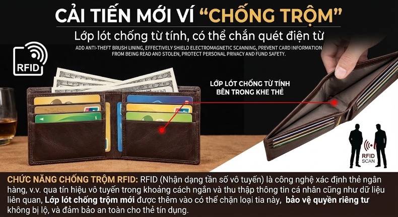 Ví Da Bò Thật Khóa Cài Phong Cách Retro Âu Mỹ Mỏng Nhẹ Màu Nâu Đỏ, Nâu, Đen, Đỏ... chi tiết 3