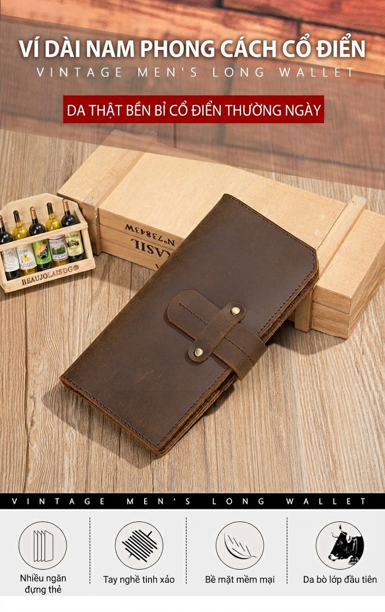 Ví Da Bò Thật Khóa Cài Phong Cách Retro Âu Mỹ Mỏng Nhẹ Màu Nâu Đỏ, Nâu, Đen, Đỏ... chi tiết 1