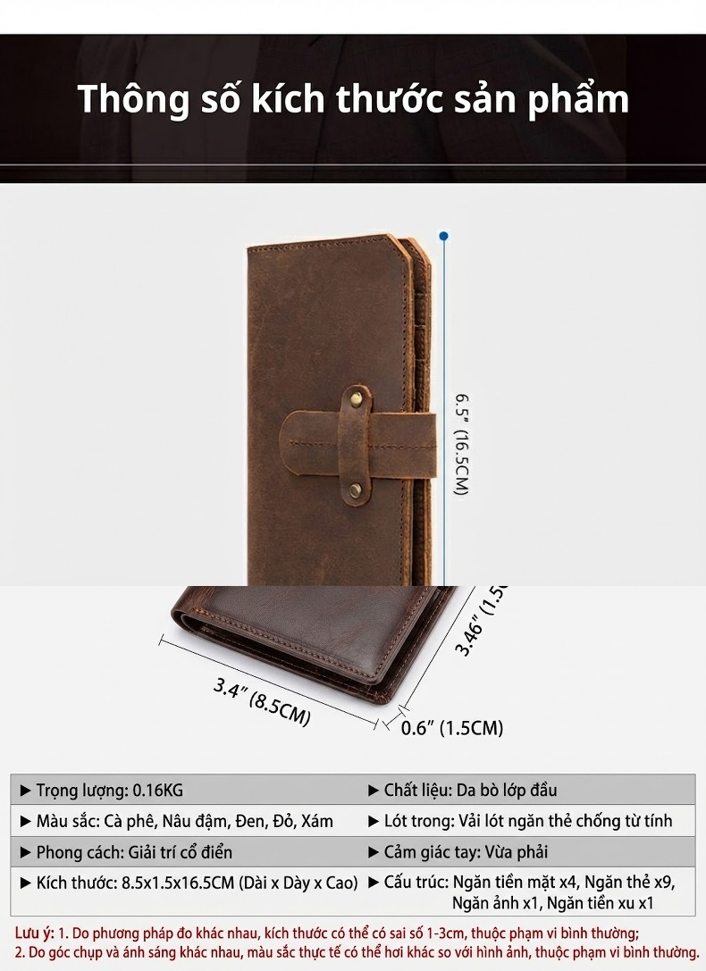 Ví Da Bò Thật Khóa Cài Phong Cách Retro Âu Mỹ Mỏng Nhẹ Màu Nâu Đỏ, Nâu, Đen, Đỏ... chi tiết 2