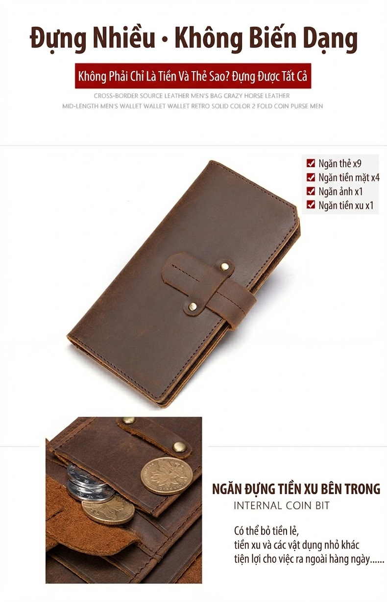 Ví Da Bò Thật Khóa Cài Phong Cách Retro Âu Mỹ Mỏng Nhẹ Màu Nâu Đỏ, Nâu, Đen, Đỏ... chi tiết 4