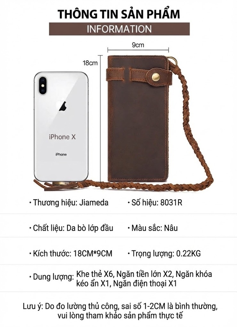 Ví Da Dài Nam Da Bò Cổ Điển Nhiều Ngăn Chống Trộm Màu Nâu chi tiết 1