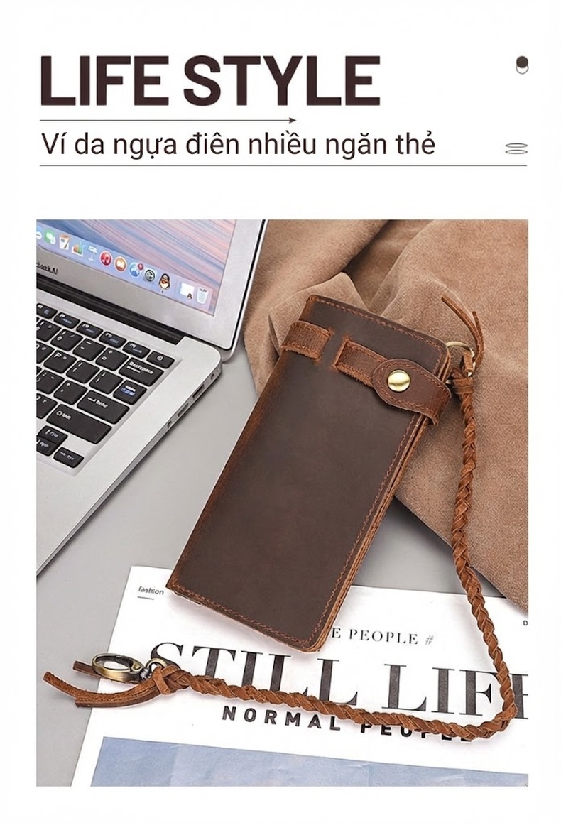 Ví Da Dài Nam Da Bò Cổ Điển Nhiều Ngăn Chống Trộm Màu Nâu chi tiết 3
