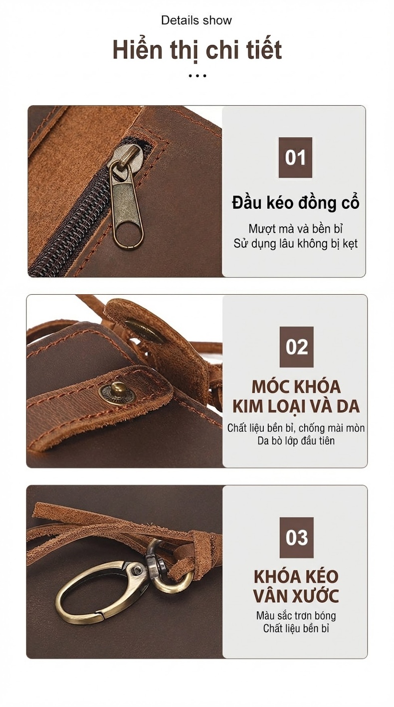 Ví Da Dài Nam Da Bò Cổ Điển Nhiều Ngăn Chống Trộm Màu Nâu chi tiết 7