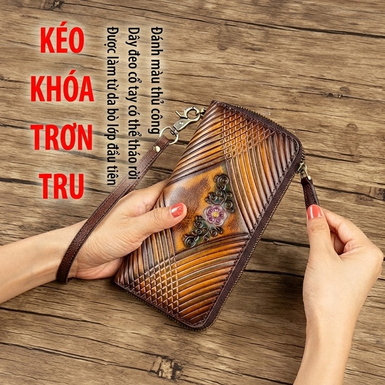 Ví Da Thật Dáng Dài Cầm Tay Khóa Kéo Dung Tích Lớn Phong Cách Cổ Điển chi tiết 4