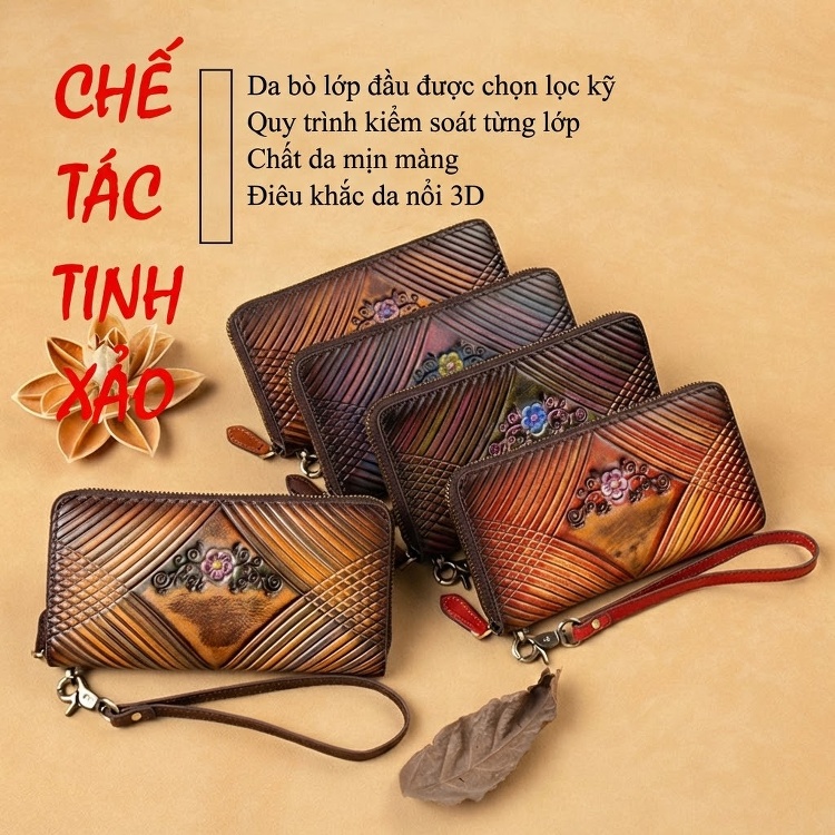 Ví Da Thật Dáng Dài Cầm Tay Khóa Kéo Dung Tích Lớn Phong Cách Cổ Điển chi tiết 2