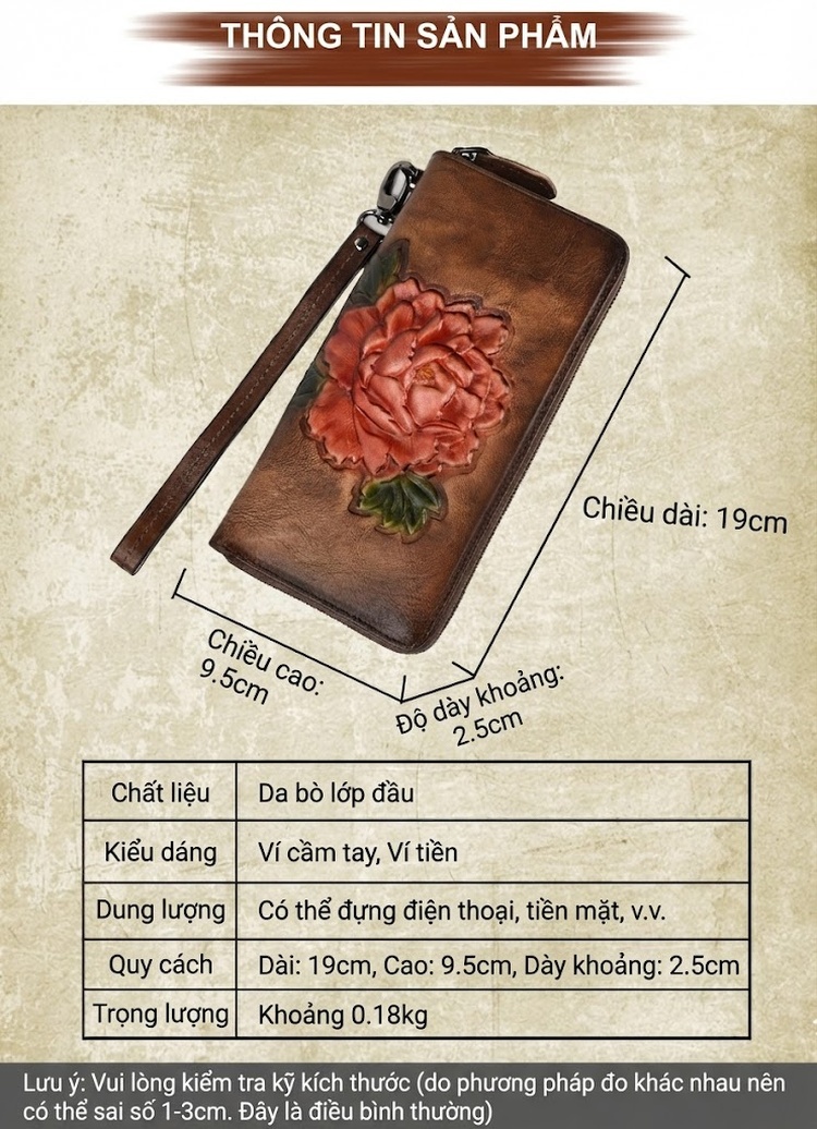 Ví Da Thật Dáng Dài Khóa Kéo Đựng Tiền Card Thiết Kế Hoa Văn Phong Cách Âu Mỹ Màu Nâu Đỏ, Đen chi tiết 2